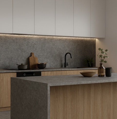 Kuchnia ze spiekiem Blue Stone Gris Natural , jasne fronty, styl nowoczesny