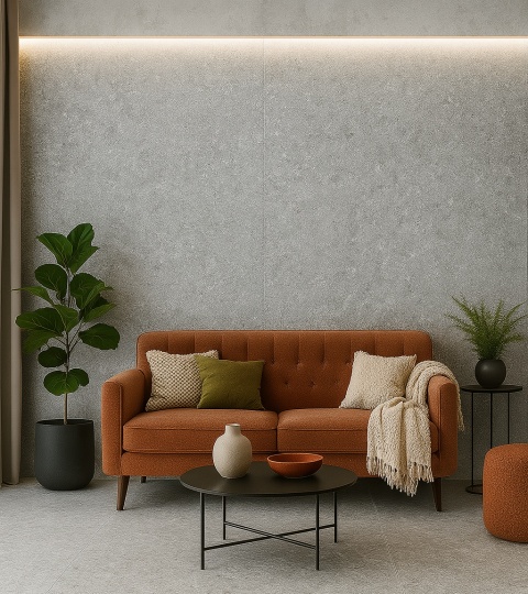 Pomieszczenie vintage ze spiekiem Blue Stone Gris Natural , sofa w kolorze rdzy, rośliny, ciepłe światło