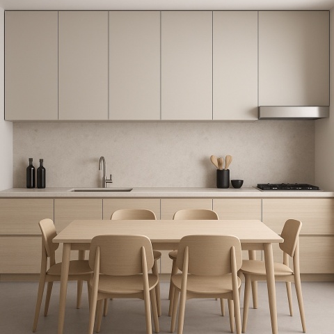 Nowoczesna kuchnia z blatami i ścianą wykończoną spiekiem Coralina Perla w jasnoszarym, perłowym odcieniu