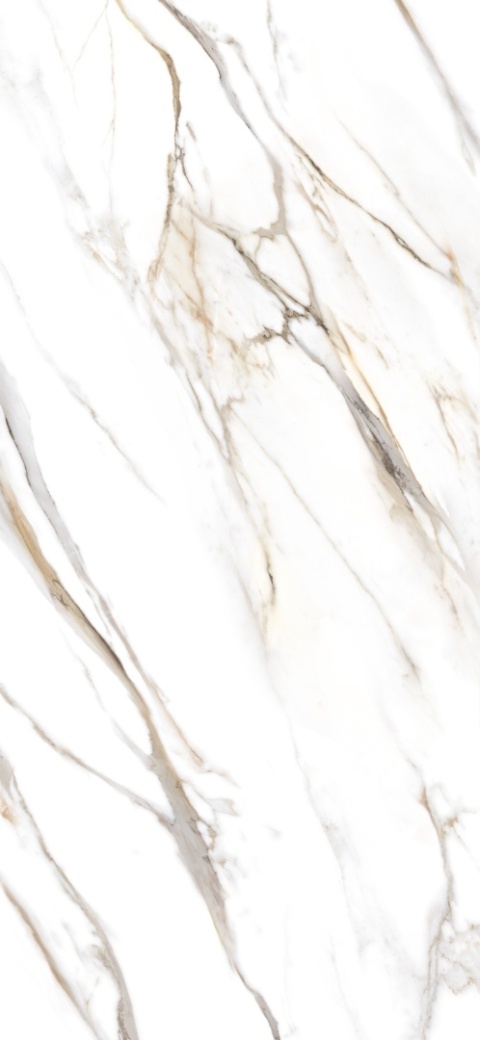 Calacata Gold Pulido – biały spiek kwarcowy ze złotymi żyłkami na ścianach i podłodze, połysk.