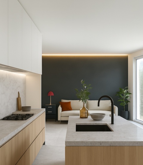 Kuchnia glamour ze spiekiem Carrara , widok na salon, złote akcenty, ciepłe światło