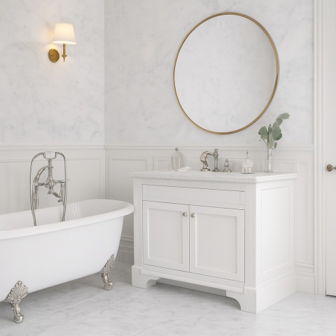 Łazienka klasyczna ze spiekiem Grespania Carrara , wanna wolnostojąca, złote akcenty, styl elegancki