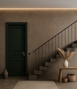 Hol ze schodami i podłogą ze spieku Concrete Tabaco Natural 100×300 cm, zielone drzwi, dywan, dodatki, styl eklektyczny