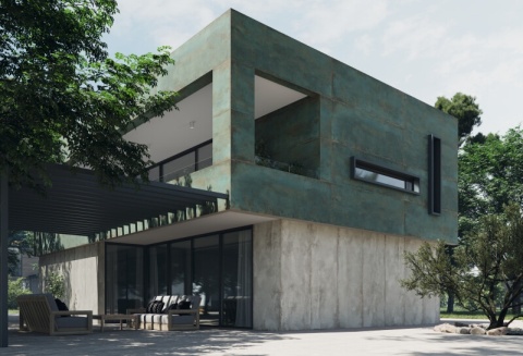 Elewacja z płyt Distrito Aluminio Natural – chłodny odcień szarości w nowoczesnym projekcie domu.