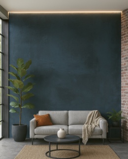 Salon ze spiekiem Distrito Iron - sofa szara, duże okna, styl loftowy, cegła, rośliny, industrialny klimat