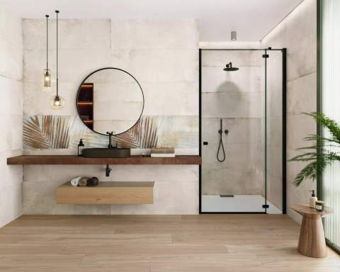 Łazienka z wykorzystaniem spieków Distrito Marfil Natural – jasne, matowe wykończenie o subtelnym charakterze