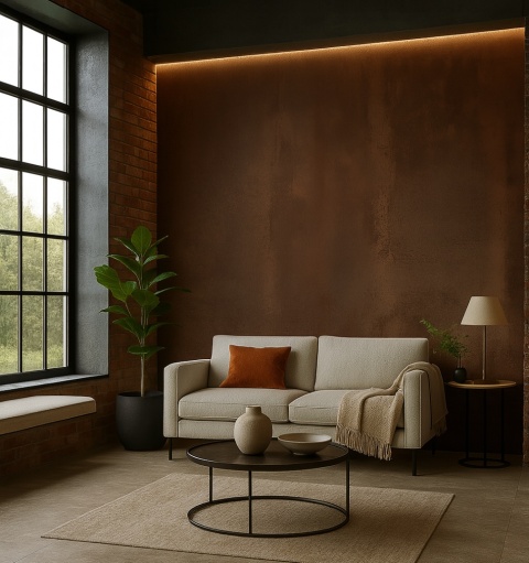 Salon loftowy ze spiekiem Distrito Corten Natural, wielkie okna, sofa szara, cegła i industrialny klimat