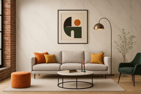 Salon ze spiekiem Duomo 120×300 cm, jasna sofa, cegła, pomarańczowe dodatki, styl nowoczesny z nutą industrialną