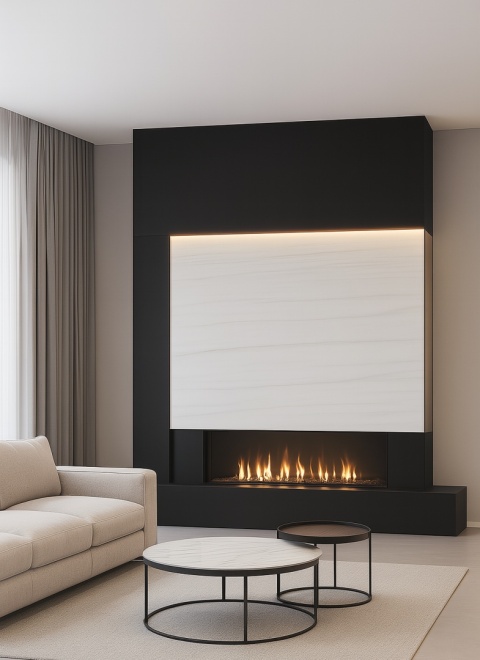 Nowoczesny salon, spiek DUOMO wtopiony w czarną ścianę kominkową, płyty 324×162 cm