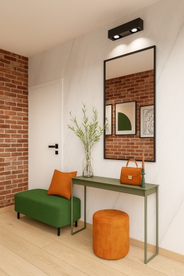 Przedpokój ze spiekiem Duomo , cegła, jasne drewno, zielona ławka, pomarańczowe dodatki, styl industrialny