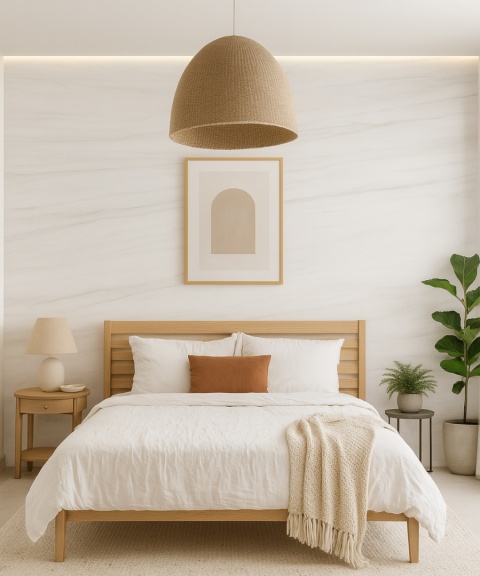 Sypialnia w delikatnych barwach, jasne drewno, marmurowa ściana, rattanowa lampa, styl skandynawski