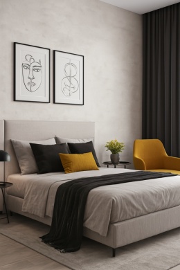 Sypialnia ze spiekiem Foster Blanco 260×120 cm, kontrastowe dodatki, białe neutralne światło