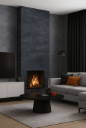 Salon z kominkiem ze spieku Foster Grafito 260×120 cm, białe neutralne światło, nowoczesna aranżacja