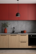 Kuchnia ze spiekiem Foster Gris, czerwone dodatki, białe neutralne światło