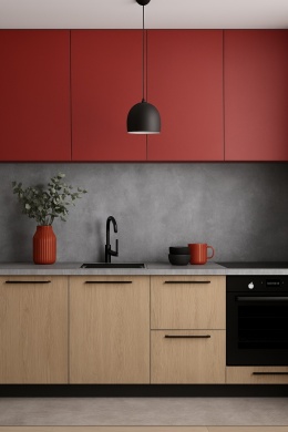 Kuchnia ze spiekiem Foster Gris, czerwone dodatki, białe neutralne światło