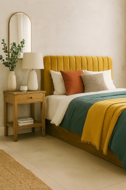 wizualizacja sypialni ze spiekiem Grespania i kolorowym akcentem, który dodaje energii i charakteru