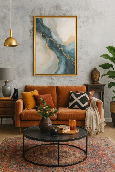 spiek Fresco Gris w dużym formacie stanowi tło dla aksamitnej sofy w kolorze wypalonej pomarańczy