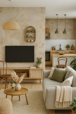 salon z widokiem na kuchnię, w którym głównym elementem jest spiek Grespania Fresco Ocre Natural