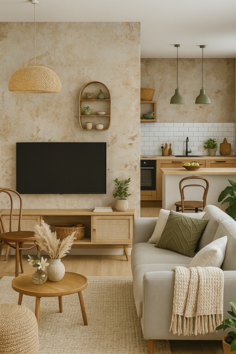 salon z widokiem na kuchnię, w którym głównym elementem jest spiek Grespania Fresco Ocre Natural