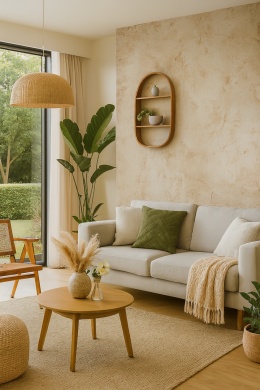 salon z widokiem na ogród, w której głównym bohaterem jest spiek Grespania Fresco Ocre