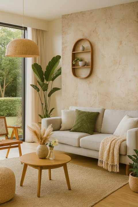 salon z widokiem na ogród, w której głównym bohaterem jest spiek Grespania Fresco Ocre