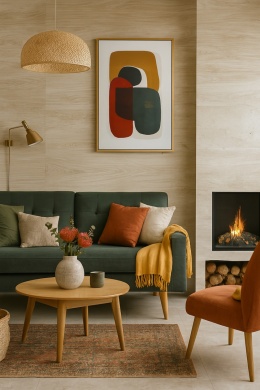 salon z kominkiem wykończonym spiekiem Grespania IRATI ARCE, z zachowaniem jego naturalnej kolorystyki