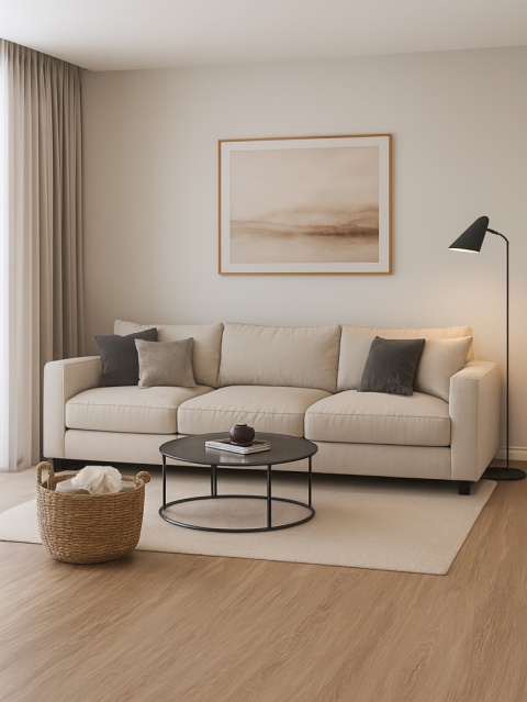 Salon z podłogą ze spieku IRATI ABETO, styl boho, jasne drewno, neutralne oświetlenie