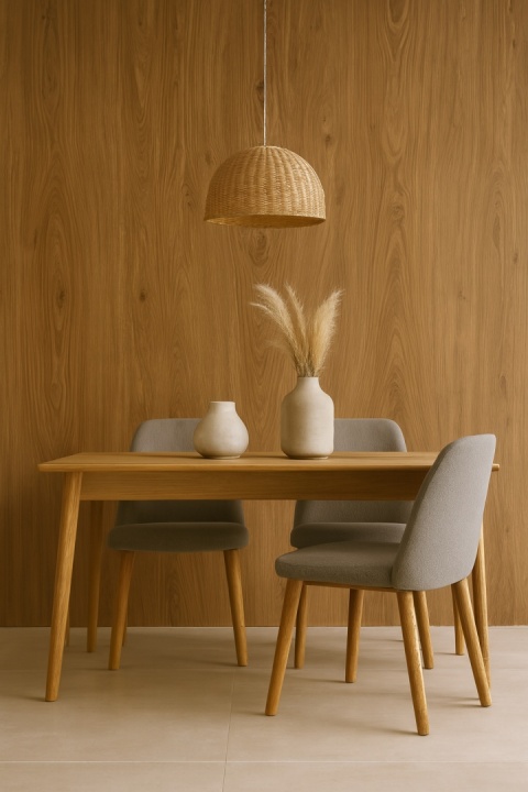 jadalni, po której bokach umieściłam spiek IRATI ROBLE NATURAL w formacie 100×300 cm