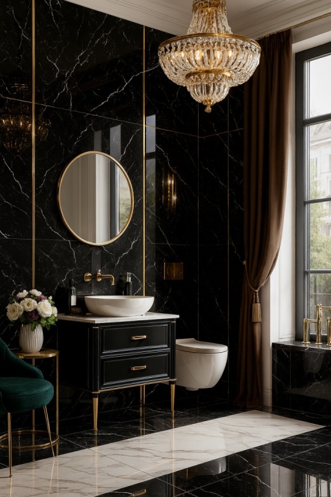 Łazienka ze spiekiem Grespania Marquina: czarne marmurowe ściany, złote akcenty, kryształowy żyrandol i elegancka ceramika.