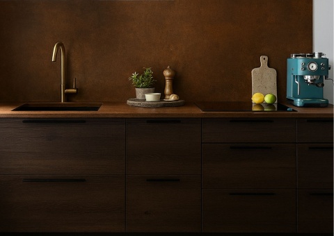 Blat i okładzina ścienna w kuchniwykonana z e spieku Lava CORTEN