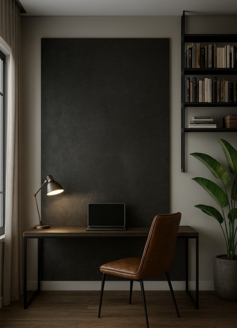 Gabinet domowy, ściana ze spieku Lava Iron 324×162 cm, styl industrialny, neutralne światło