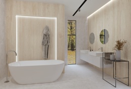 Łazienka z okładziną Liana Abeto Natural – jasne, naturalne drewno w eleganckim wnętrzu.