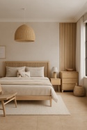 Skandynawska sypialnia z jasnym oświetleniem i podłogą ze spieku MOMA Siena Natural w ciepłym beżowym odcieniu.