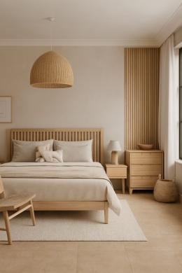 Skandynawska sypialnia z jasnym oświetleniem i podłogą ze spieku MOMA Siena Natural w ciepłym beżowym odcieniu.