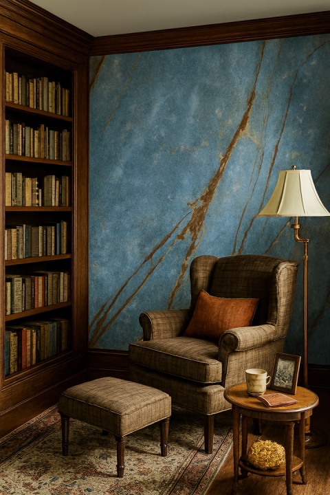 domowa biblioteka w stylu vintage, z uwzględnieniem spieku FLORIM Stone Marble HERITAGE Azure