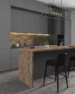 Nowoczesna kuchnia z blatem z granitu Juparana o ciepłej, beżowo-brązowej tonacji i unikalnym użyleniu