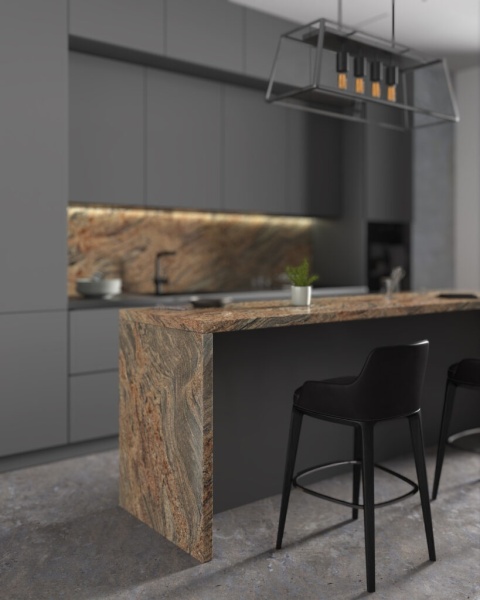 Nowoczesna kuchnia z blatem z granitu Juparana o ciepłej, beżowo-brązowej tonacji i unikalnym użyleniu