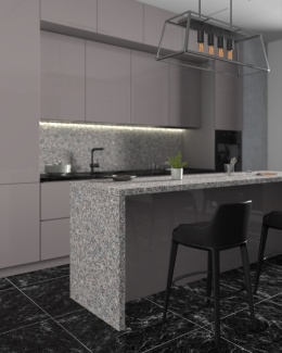 Nowoczesna kuchnia z wyspą wykończoną granitem Rosa Beta o szaro-różowym, drobnoziarnistym wzorze
