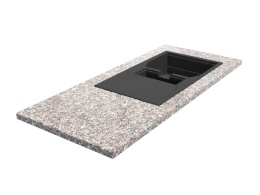 Blat z granitu Rosa Beta z czarnym zlewem wpuszczanym, prezentacja struktury kamienia i wykończenia