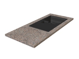 Blat z granitu Rosa Porino z czarnym zlewem wpuszczanym, prezentacja wzoru i wykończenia powierzchni