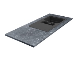 Blat z granitu Silver Antracite Antyk z czarnym zlewem, ciemnoszary wzór z jasnymi smugami o strukturalnym wykończeniu