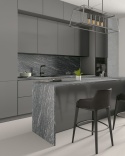 Nowoczesna kuchnia z wyspą wykończoną granitem Silver Antracite Antyk w ciemnoszarej tonacji z jasnymi liniami
