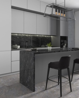 Nowoczesna kuchnia z wyspą wykończoną granitem Silver Antracite o ciemnym wzorze z jasnymi żyłkami
