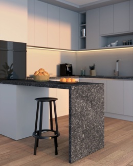 Blat kuchenny z granitu Steel Grey Antyk o matowej strukturze, nowoczesna aranżacja w jasnych odcieniach
