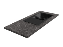 Blat z granitu Steel Grey Antyk z czarnym zlewem, ciemna powierzchnia o chropowatej, antykowanej fakturze