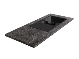 Blat kuchenny z granitu Steel Grey z czarnym zlewem, ciemna powierzchnia o drobnej, szarej strukturze