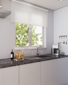 Kuchnia z blatem z granitu Steel Grey, szara zabudowa i duże okno z widokiem na zieleń