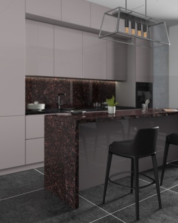 Nowoczesna kuchnia z blatem z granitu Tan Brown w brązowo-czarnej kolorystyce i intensywnym użyleniu