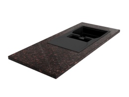 Blat kuchenny z granitu Tan Brown z czarnym zlewem, ciemna powierzchnia z ciepłymi brązowymi akcentami