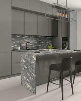 Nowoczesna kuchnia z blatem i wyspą z granitu Titanium Silver Antyk w eleganckim grafitowym tonie